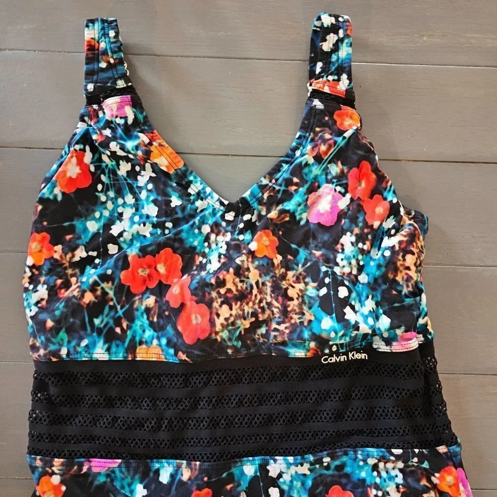 Calvin Klein Women's Floral Poppy Mesh Inset Panel One Piece Swimsuit Size 14